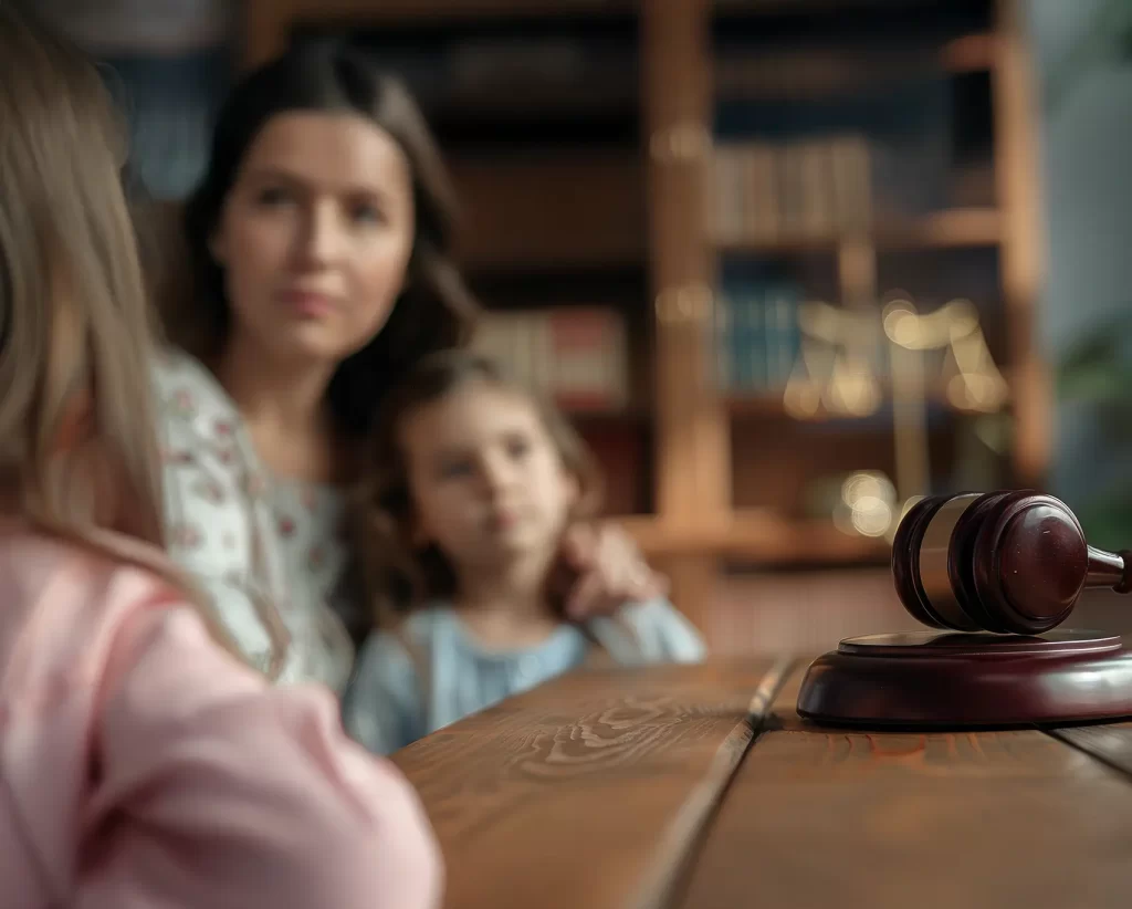 cute child mother table with gavel judge blurred background family law concept 2 copia
